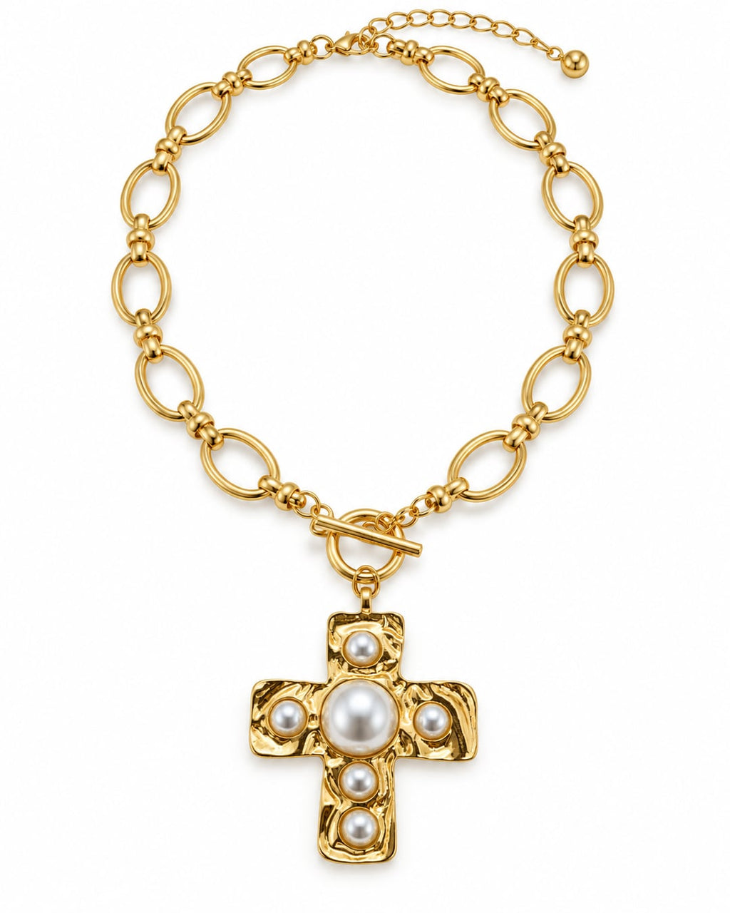 Collar cruz con detalles blancos tipo perla, vista frontal