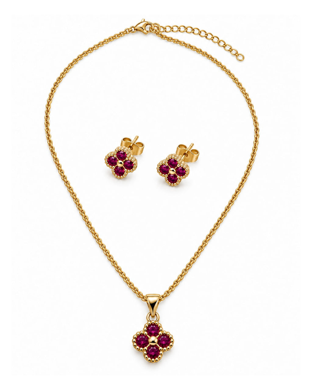 Set flor JM304: collar y par de aretes, vista frontal sobre fondo blanco