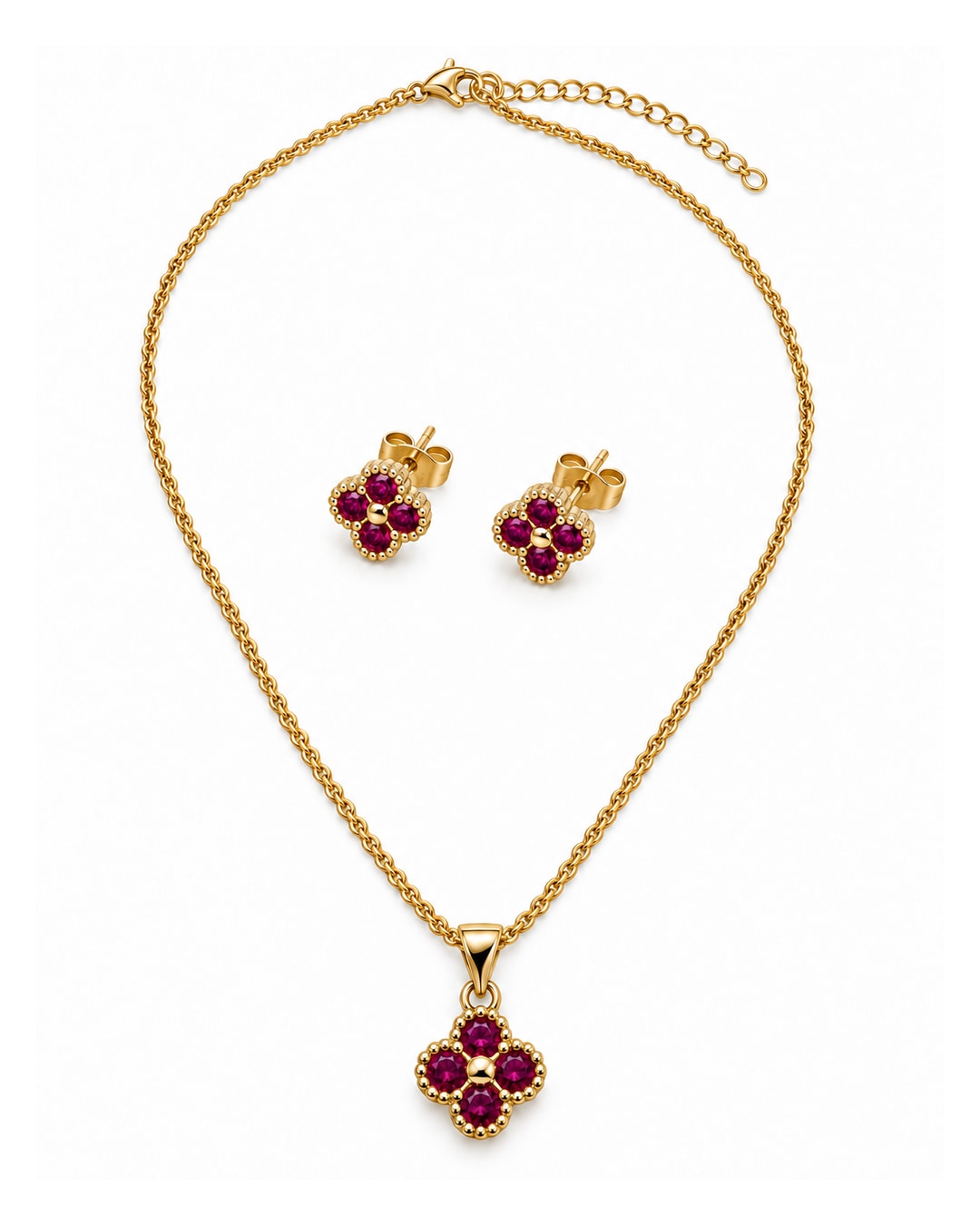 Set flor JM304: collar y par de aretes, vista frontal sobre fondo blanco