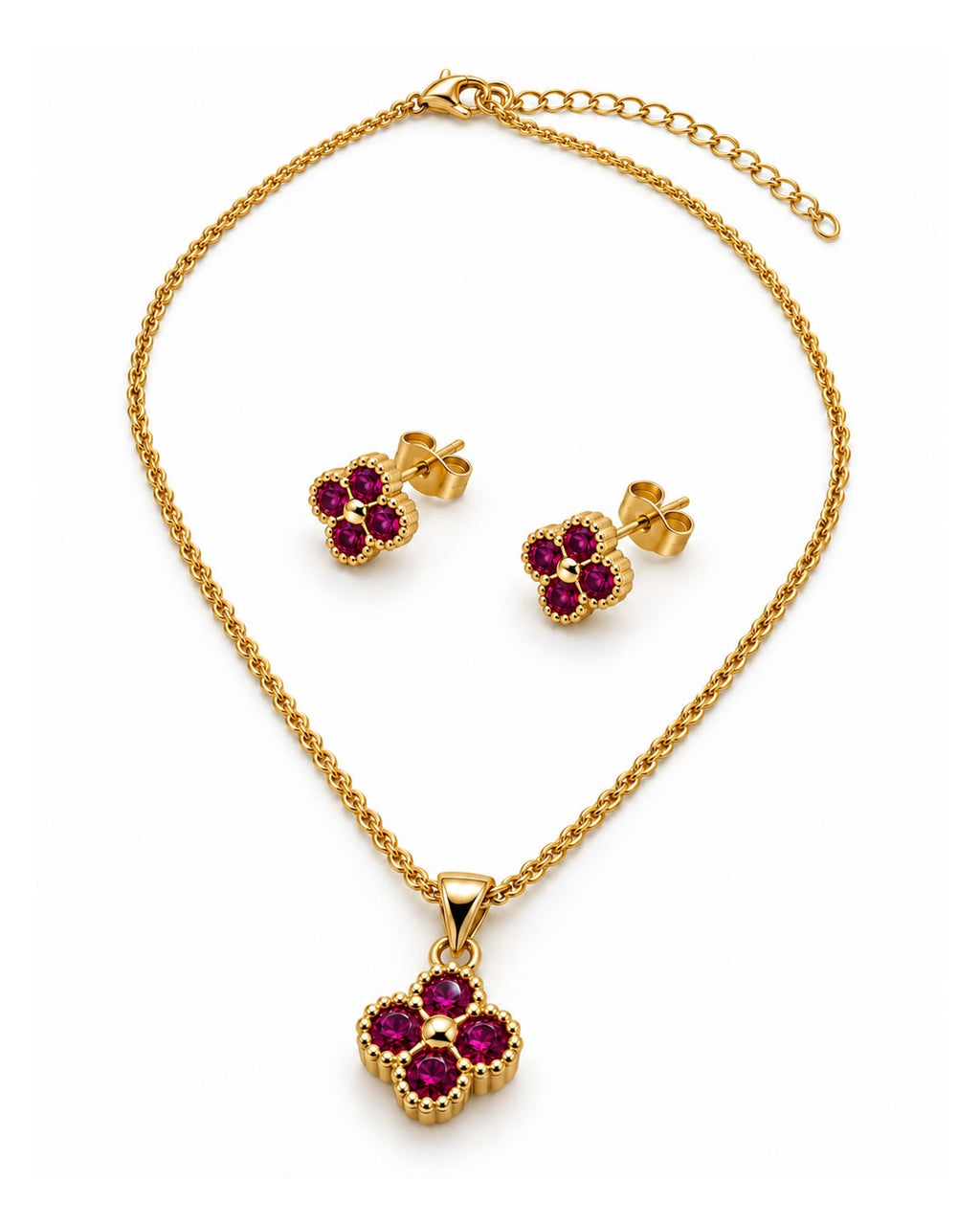 Set flor JM304: vista en ángulo del collar y par de aretes sobre fondo blanco