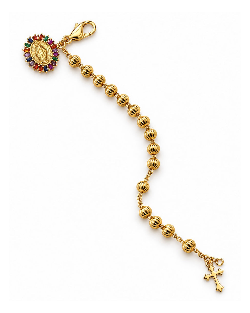 Pulsera virgen, medalla ovalada, vista frontal sobre fondo blanco