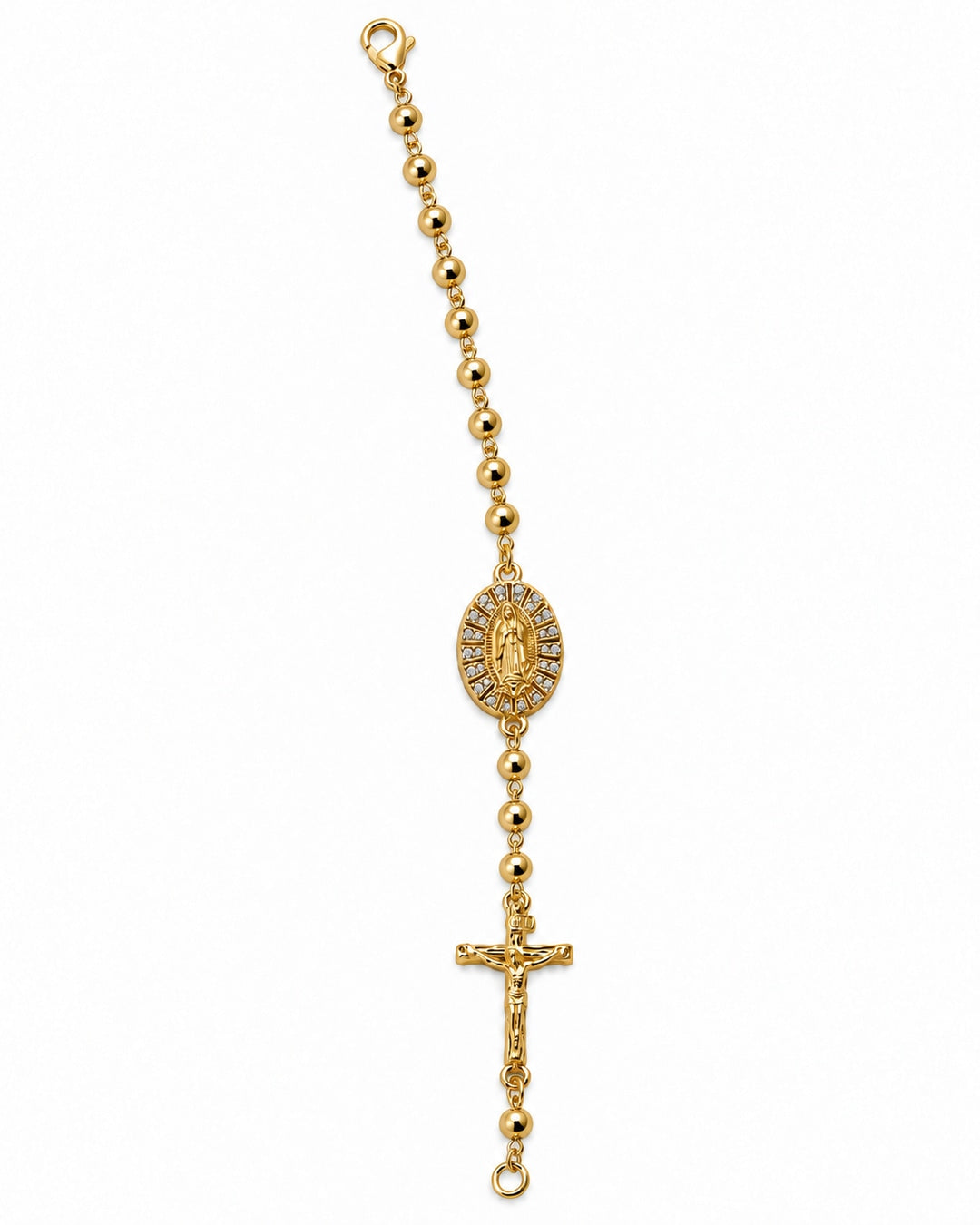 Pulsera virgen con medalla ovalada y crucifijo, fotografía frontal generada sobre fondo blanco
